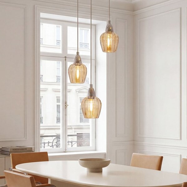 Suspension industrielle chromée avec verre ambré, 3 lumières - Vanity