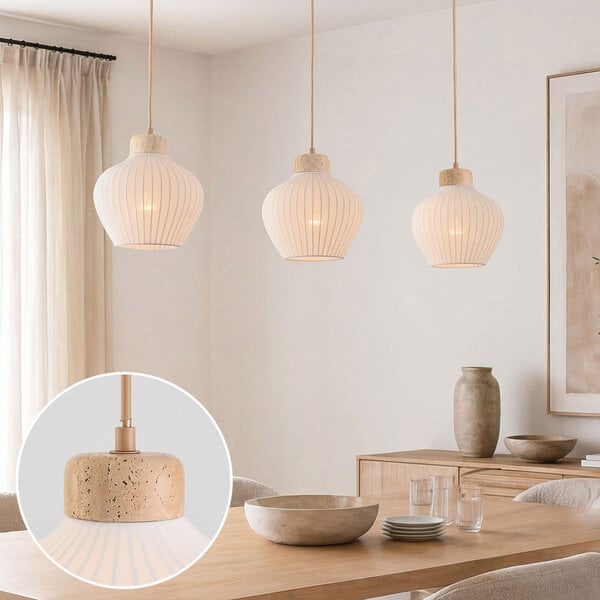 Suspension 3 lumières Carru avec abat-jours en tissu et travertin (pierre naturelle)