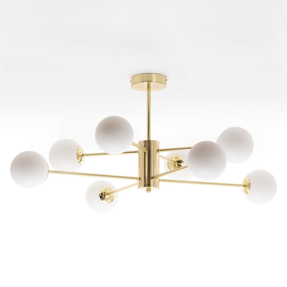 Plafonnier design 8 lumières Idaho - doré sable et verre blanc laiteux