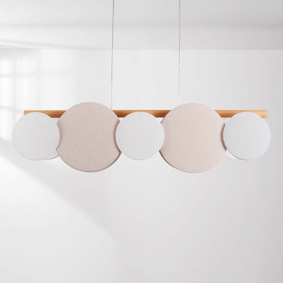 Suspension à 5 lumières Zenner – lin naturel avec accents bois et blancs