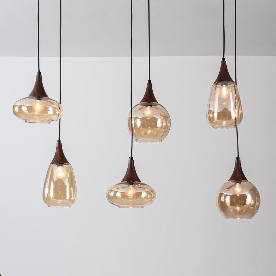 Suspension 6 lumières Loic - verre ambré et aspect bois