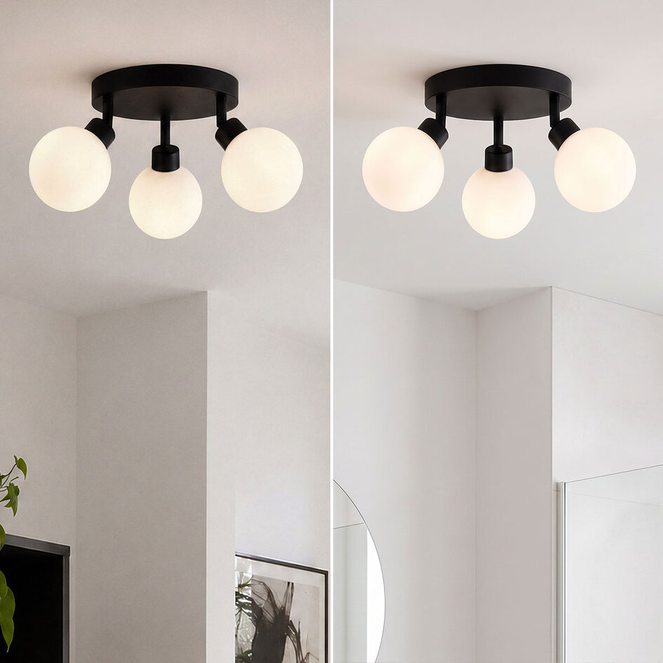 Plafonnier Zano à 3 points lumineux pivotants en noir et verre blanc laiteux