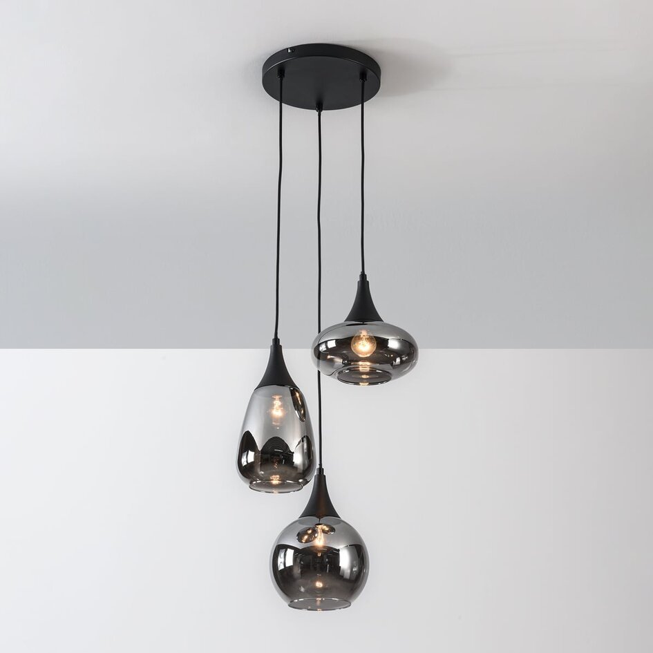 Suspension Loua 3 lumières - noir, verre fumé et effet miroir