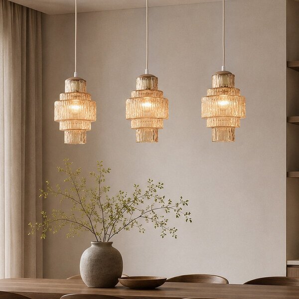 Suspension Odinda à 3 abat-jours en verre ambré côtelé - beige