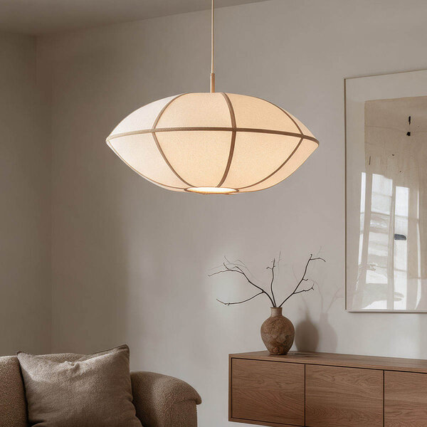 Suspension Ovala Ø60 cm - abat-jour en lin beige aux accents bruns