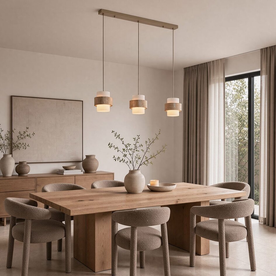 Suspension Flari avec 3 abat-jours en travertin et verre blanc laiteux - beige