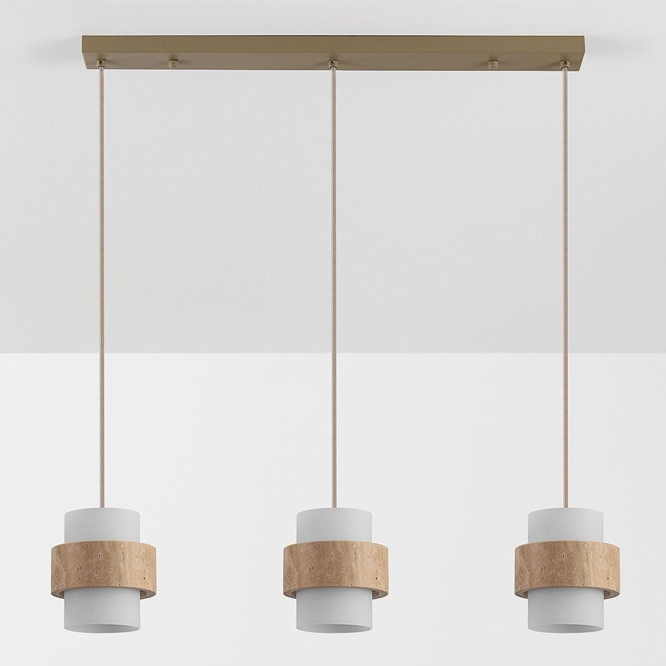 Suspension Flari avec 3 abat-jours en travertin et verre blanc laiteux - beige