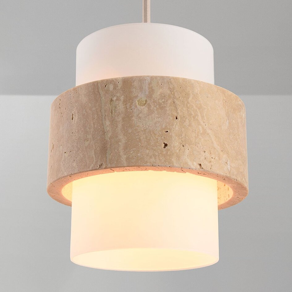 Suspension Flari avec 3 abat-jours en travertin et verre blanc laiteux - beige