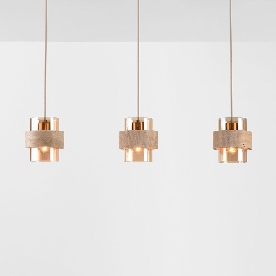 Suspension Flari avec 3 abat-jours en travertin et verre ambré - beige