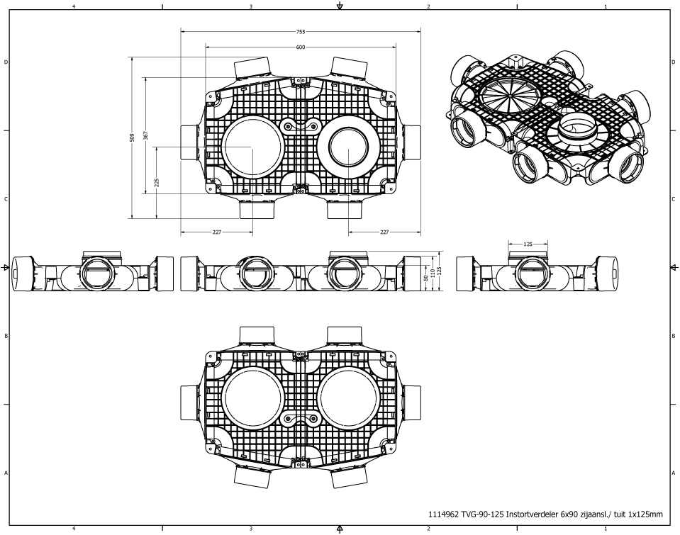Vent-Axia Uniflexplus ventilatie hoofdverdeelbox 6x Ø90mm met tuit