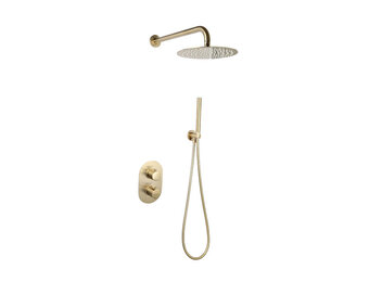 Saniful Doucheset inbouw met box thermostaat en muurbevestiging  douchekop 25cm rond Goud Geborsteld