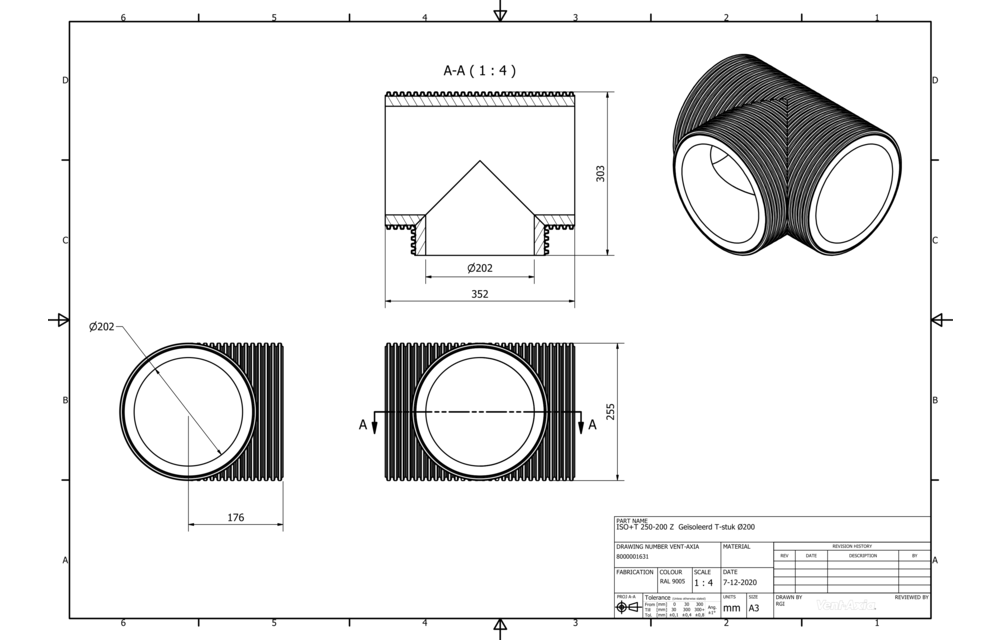 Vent-Axia ISO+T 250-200 Z / Geïsoleerd T-stuk Ø200
