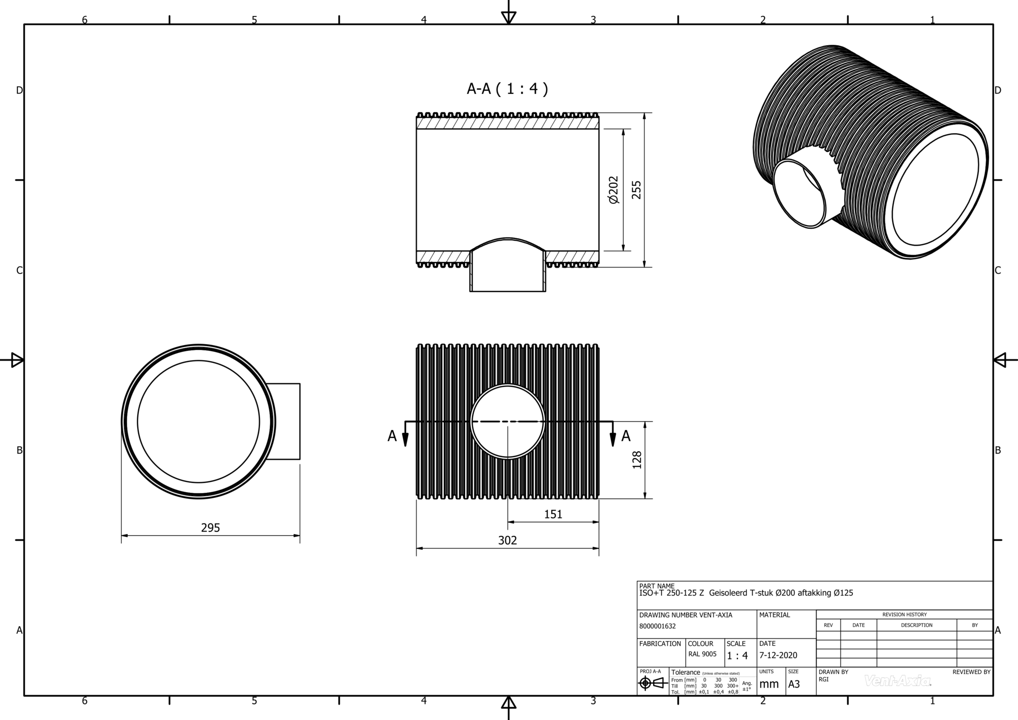Vent-Axia ISO+T 250-125 Z / Geisoleerd T-stuk Ø200 aftakking Ø125