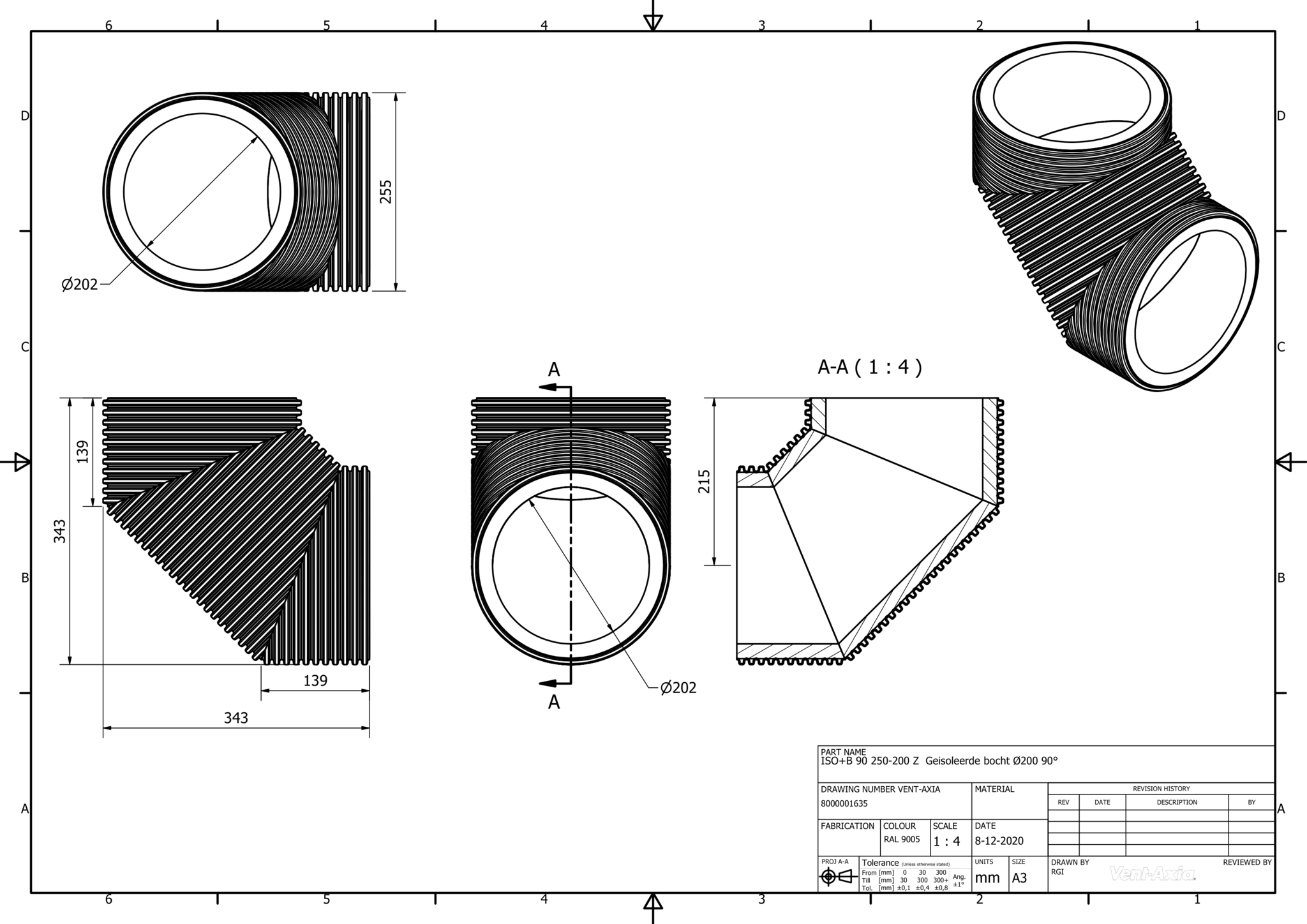 Vent-Axia ISO+B 90 250-200 Z / Geisoleerde bocht Ø200 90°