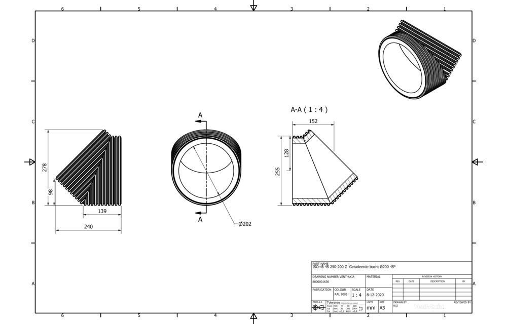 Vent-Axia ISO+B 45 250-200 Z / Geisoleerde bocht Ø200 45°