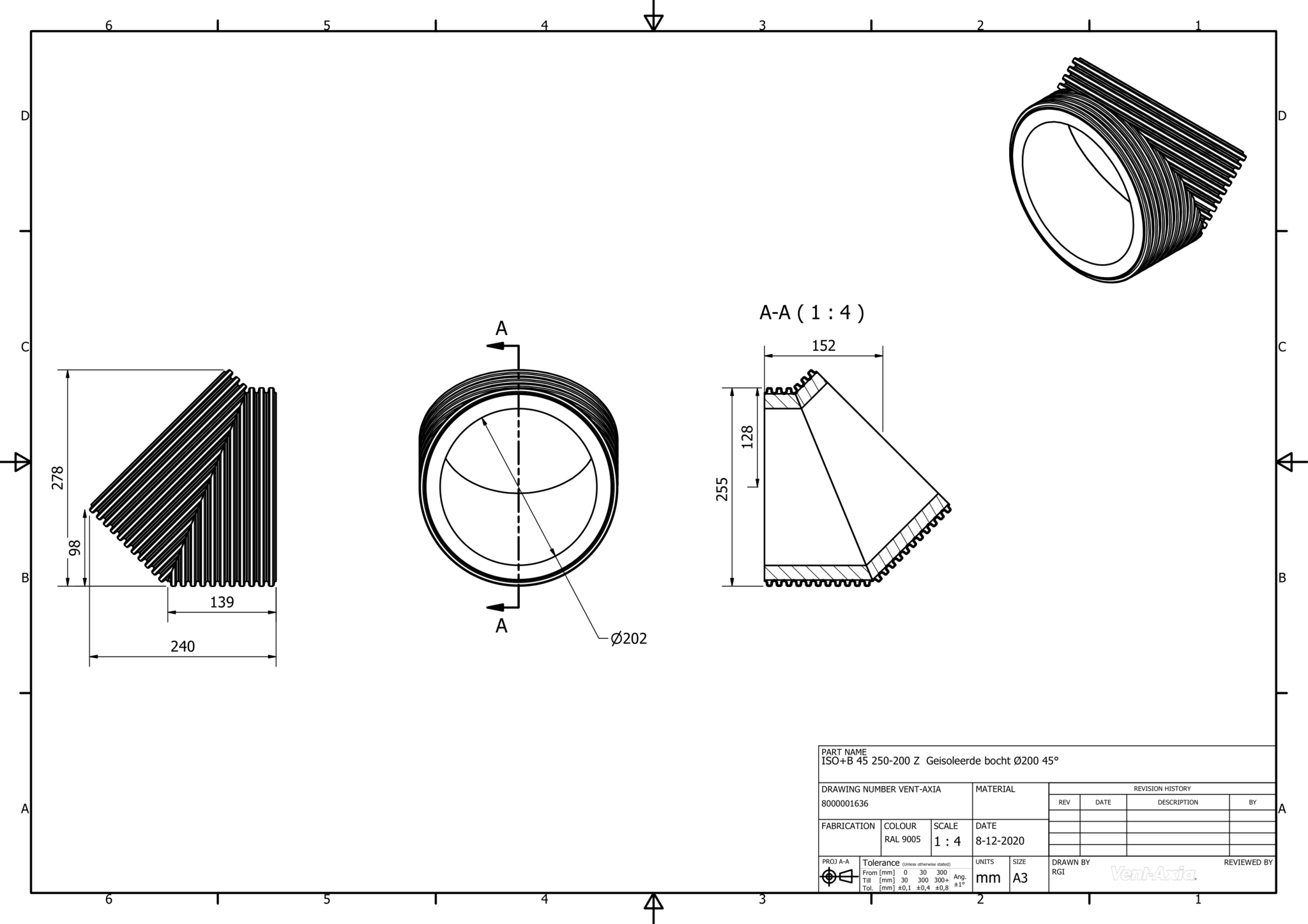 Vent-Axia ISO+B 45 250-200 Z / Geisoleerde bocht Ø200 45°