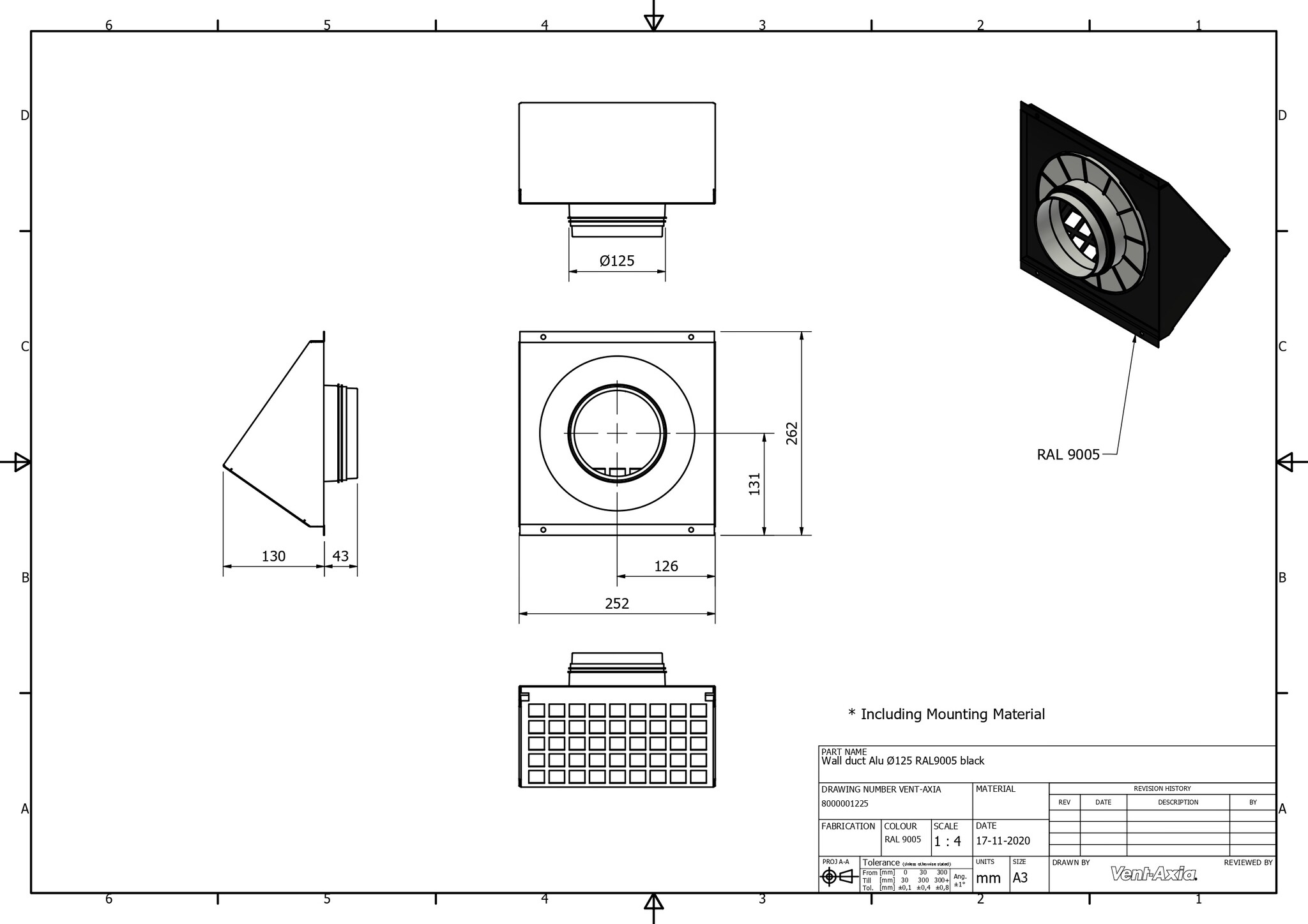 Vent-Axia VMR 125 Z / Geveldoorvoer Alu Ø125 RAL9005 zwart