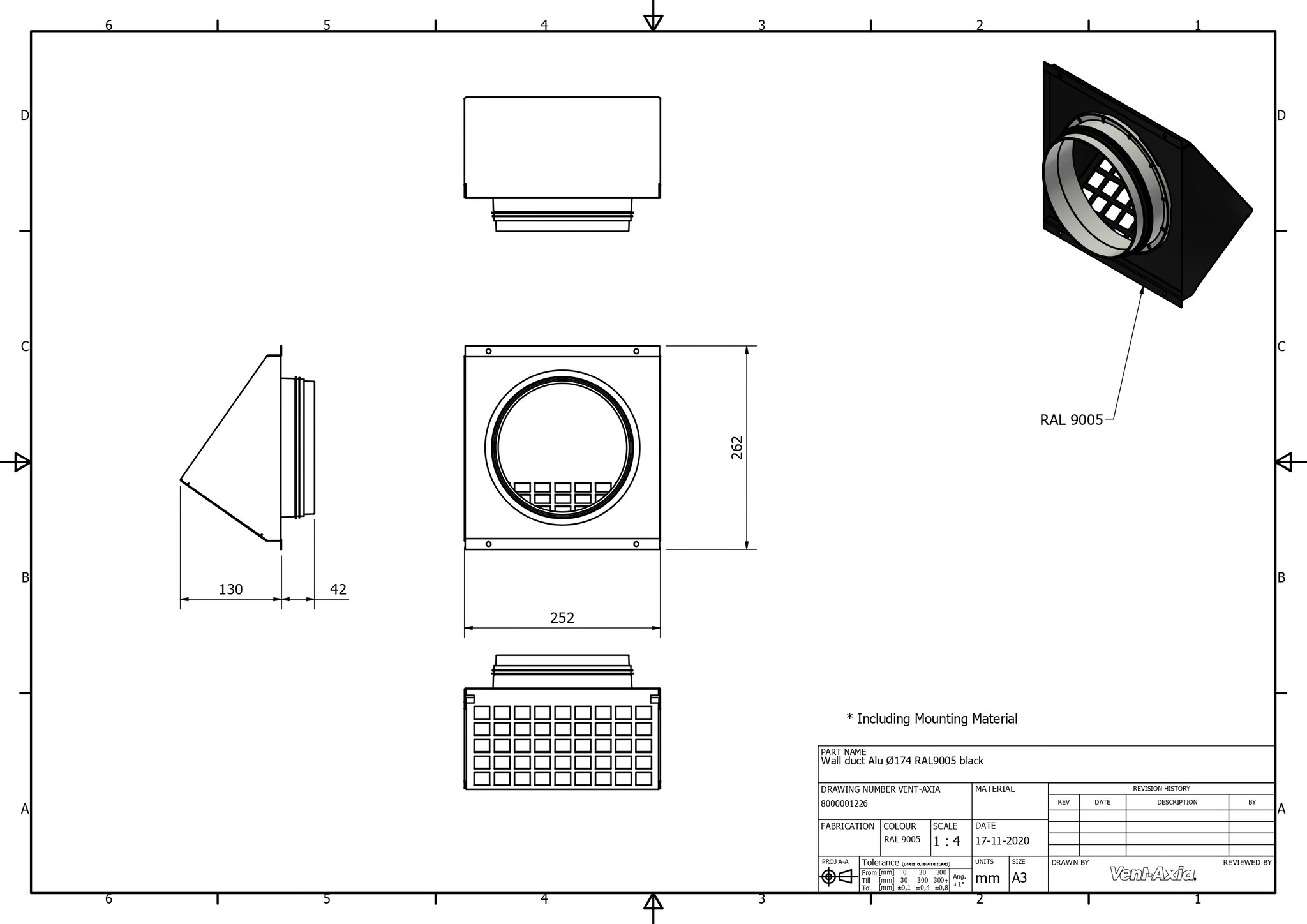 Vent-Axia VMR 174 Z / Geveldoorvoer Alu Ø174 RAL9005 zwart