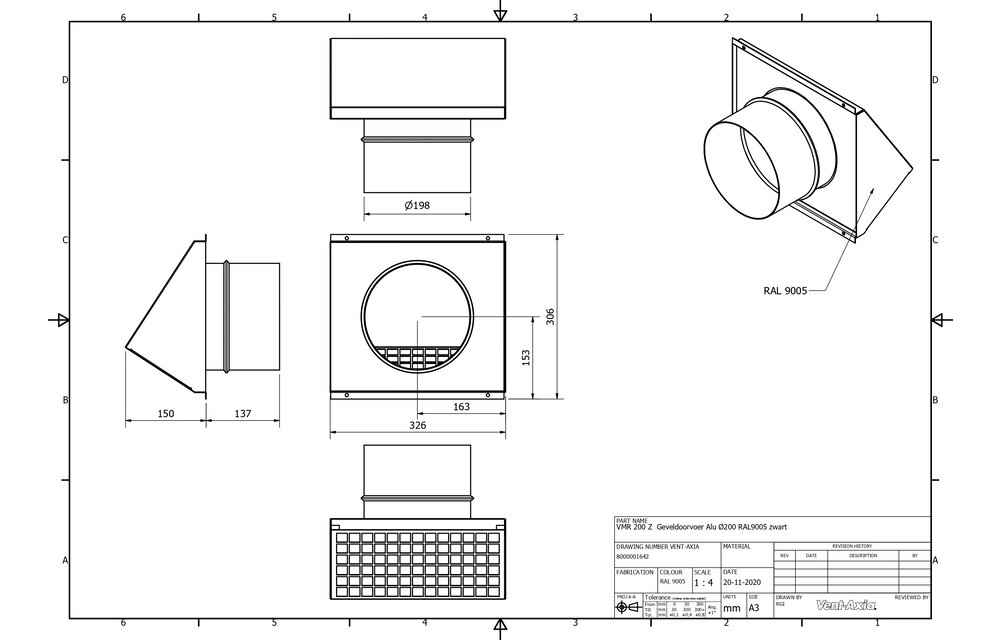 Vent-Axia VMR 200 Z / Geveldoorvoer Alu Ø200 RAL9005 zwart