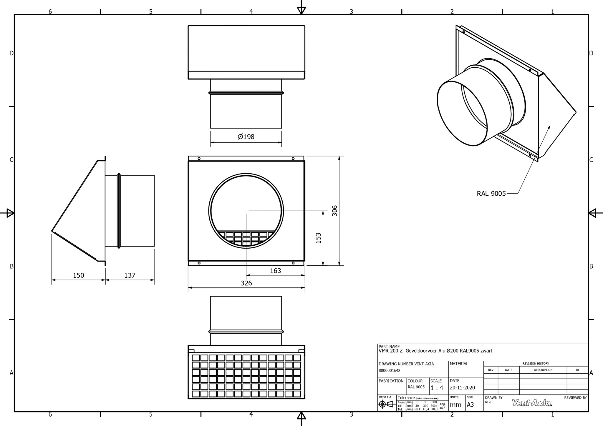 Vent-Axia VMR 200 Z / Geveldoorvoer Alu Ø200 RAL9005 zwart