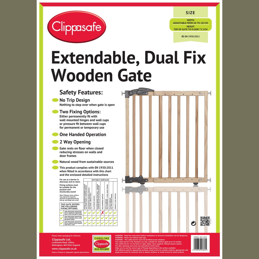 Clippasafe Extendable Dual Fix Wooden Gate  68-102 cm