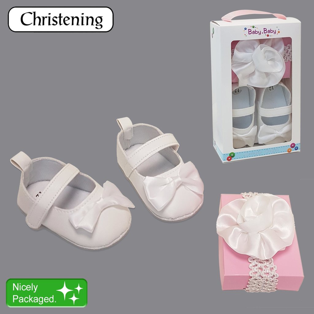 Baby Bow Boxed Christening Shoe & Head Band Set