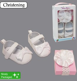 Baby Bow Boxed Christening Shoe & Head Band Set
