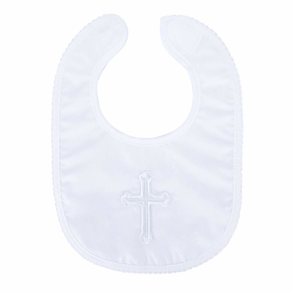 Baby Bow Plain Satin Christening Bib-White With Cross