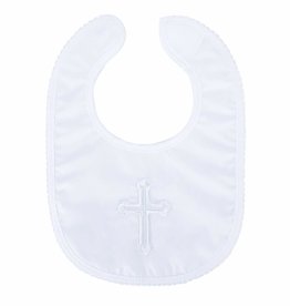 Baby Bow Plain Satin Christening Bib-White With Cross
