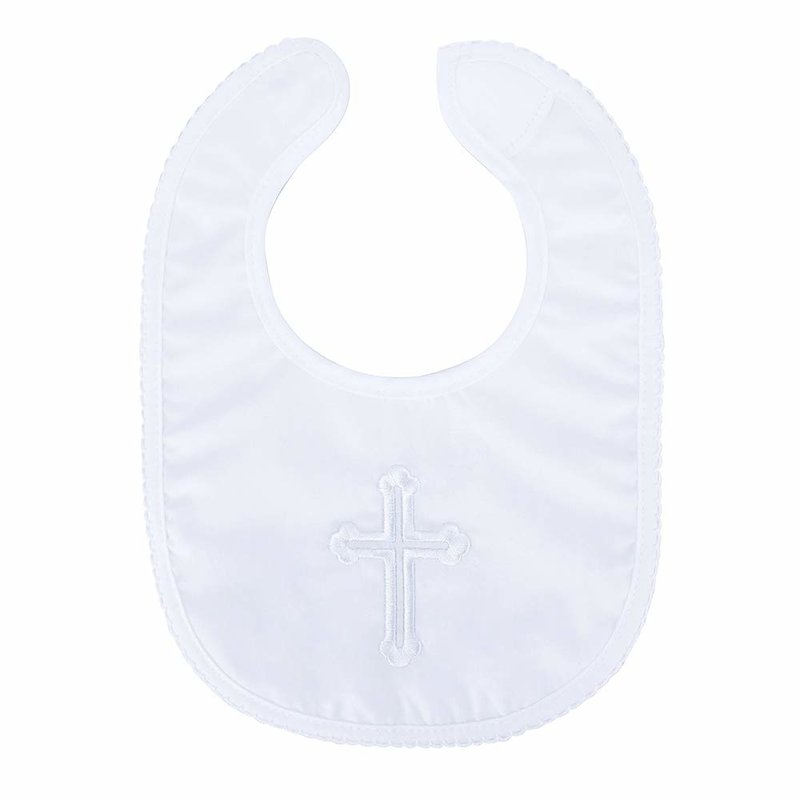 Baby Bow Plain Satin Christening Bib-White With Cross