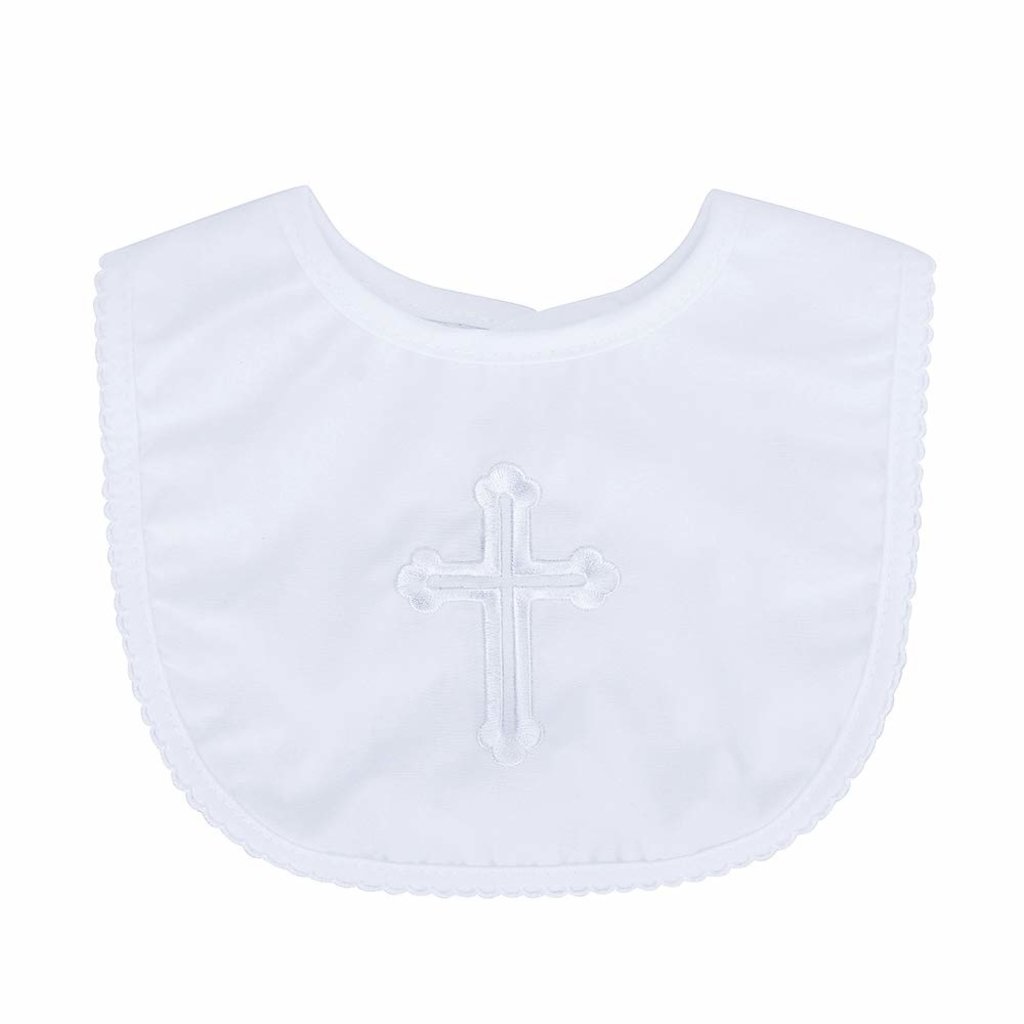 Baby Bow Plain Satin Christening Bib-White With Cross