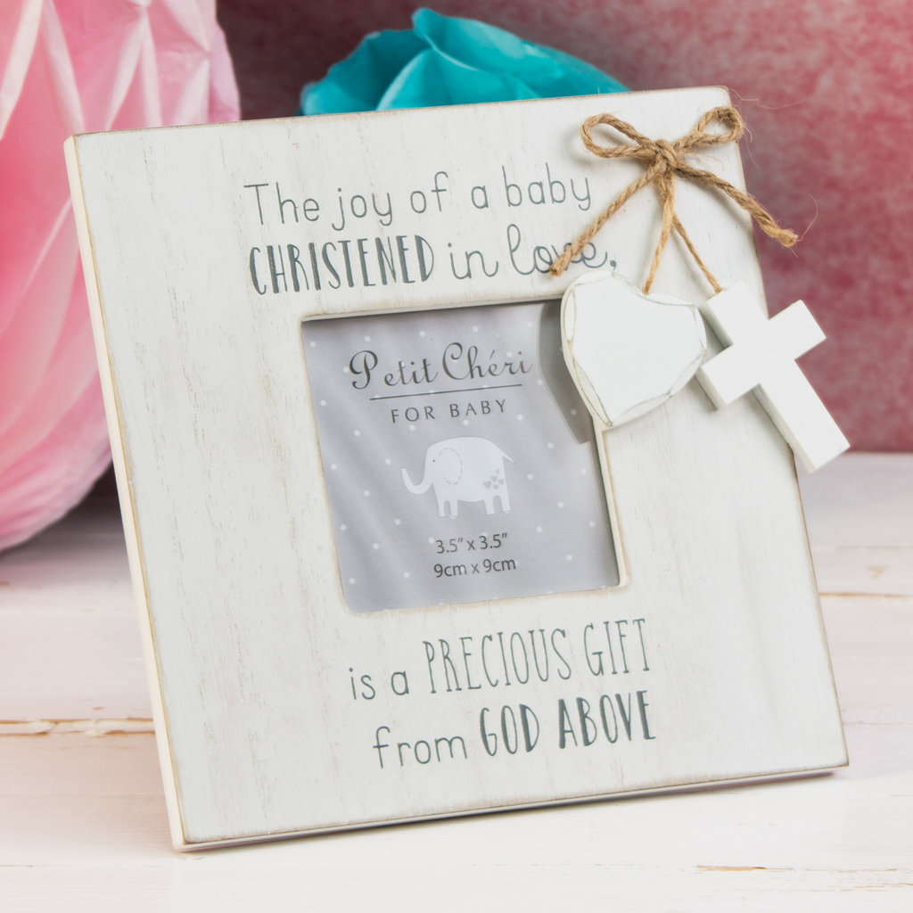'Petit Cheri' White Frame Heart Christening 3.5" x 3.5"