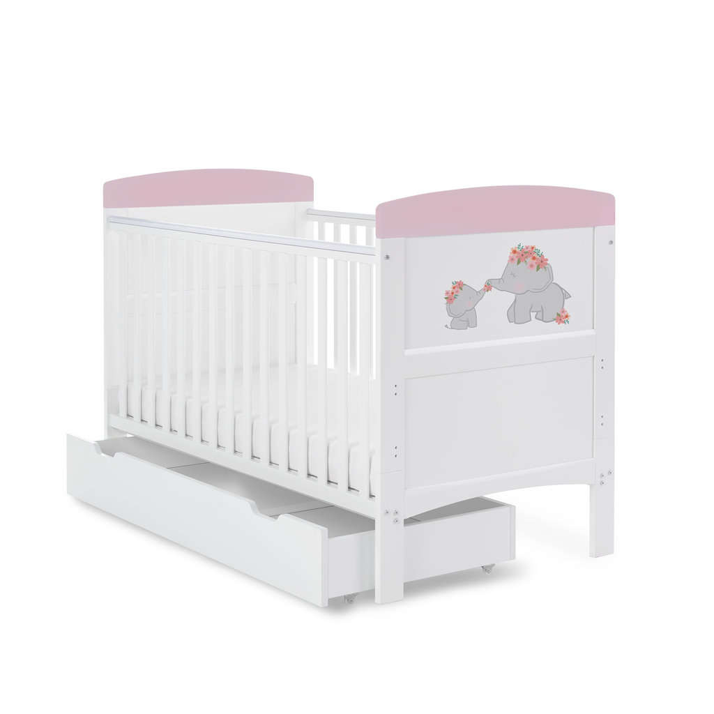 Obaby Obaby Grace Inspire Cot Bed & Underdrawer- Me & Mini Me Elephants - Pink