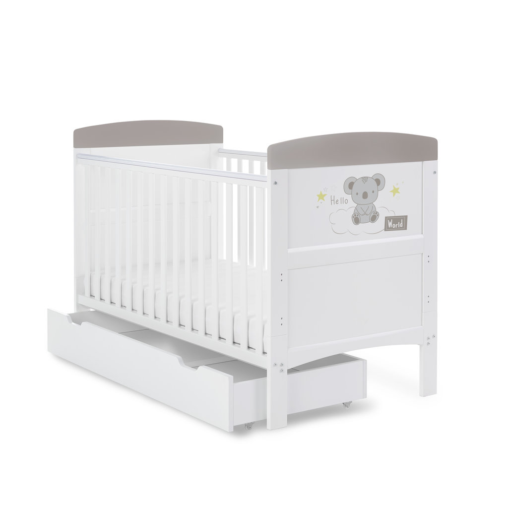 Obaby Obaby Grace Inspire Cot Bed & Underdrawer- Hello World Koala - Grey