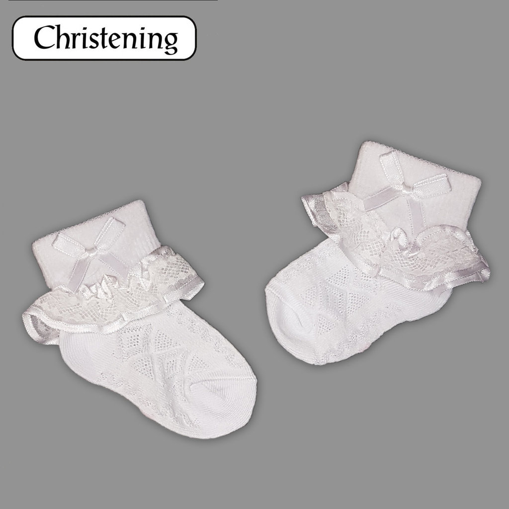 Baby Bow Frill White Christening Sock
