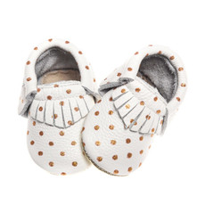 Rain+Conker Rain+Conker Cream + Gold Polka Dot Fringe Moccasins - Premium Leather - 0-3 months (10cm)