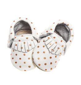 Rain+Conker Rain+Conker Cream + Gold Polka Dot Fringe Moccasins - Premium Leather - 0-3 months (10cm)