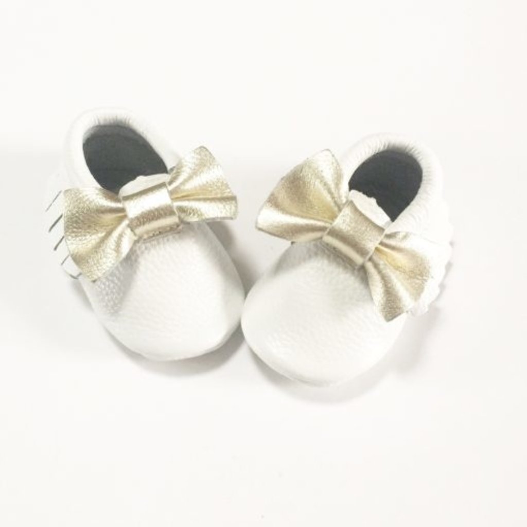 Rain+Conker Rain+Conker White Gold Bow Moccasins - Premium Leather - 6-12 months (12cm)