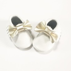 Rain+Conker Rain+Conker White Gold Bow Moccasins - Premium Leather - 6-12 months (12cm)