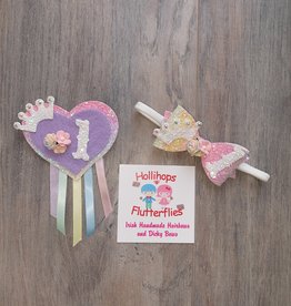 Hollihops&Flutterflies 1st Birthday Badge & Bow Set