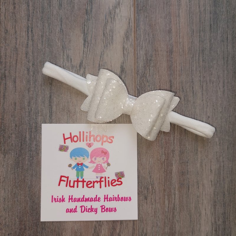 Hollihops&Flutterflies Double Abi White Glitter Christening Dainty Headband
