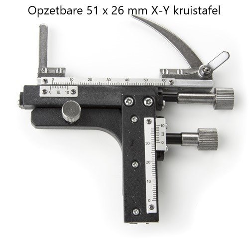 Attachable 51 x 26 mm X-Y cross table with vernier and horizontal adjustment