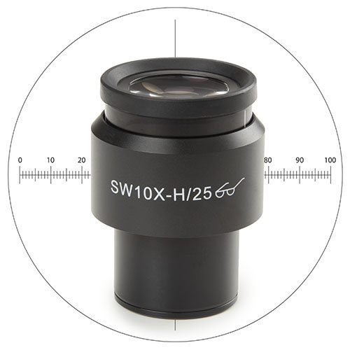 Super wide angle SWF 10x / 25 mm eyepiece with crosshair and 10/100 micrometer, Ø 30 mm tube