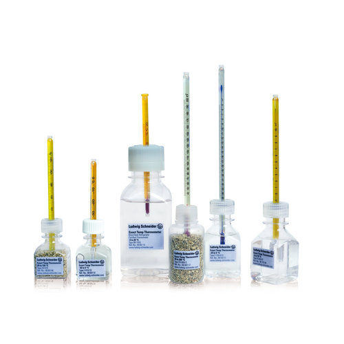 Glasthermometer mit Temperaturbremse Flaschenfüllmedium: Ethylenglykolgemisch, +25 bis +45 °C, Verteilung: 0,1 °C, 190 mm