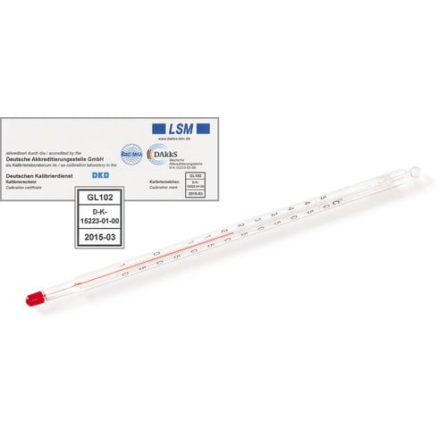 Glass thermometer With DAkkS calibration certificate, -10 to +200 °C, Distribution: 1 °C, 350 mm