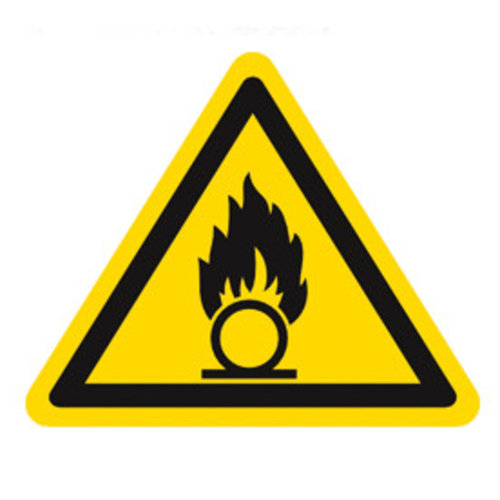 Simbolo di avvertenza secondo ISO 7010 Etichetta individuale, Sostanze che promuovono il fuoco, Lunghezza laterale 200 mm