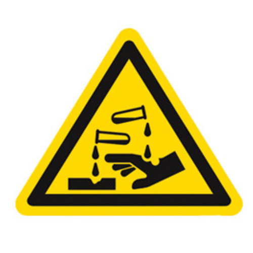 Simbolo di avvertenza secondo ISO 7010 Etichetta individuale, Sostanze corrosive, Lunghezza laterale 200 mm