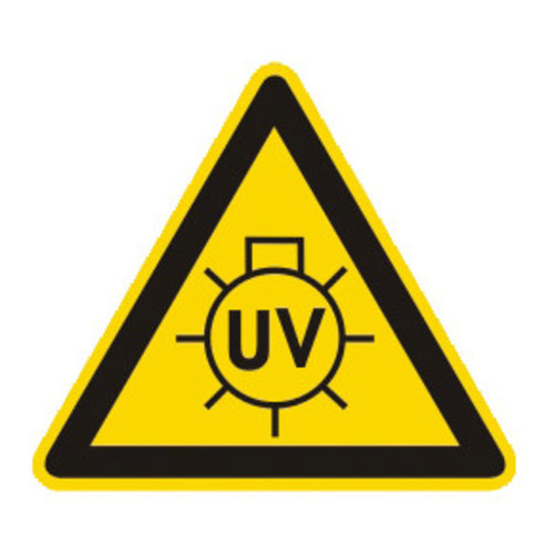 Símbolo de advertencia Etiqueta individual probada en campo, radiación UV, longitud lateral 100 mm