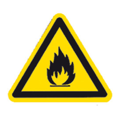 Waarschuwingssymbool conform ISO 7010 Individueel etiket, Brandgevaarlijke stoffen, Zijlange 100 mm