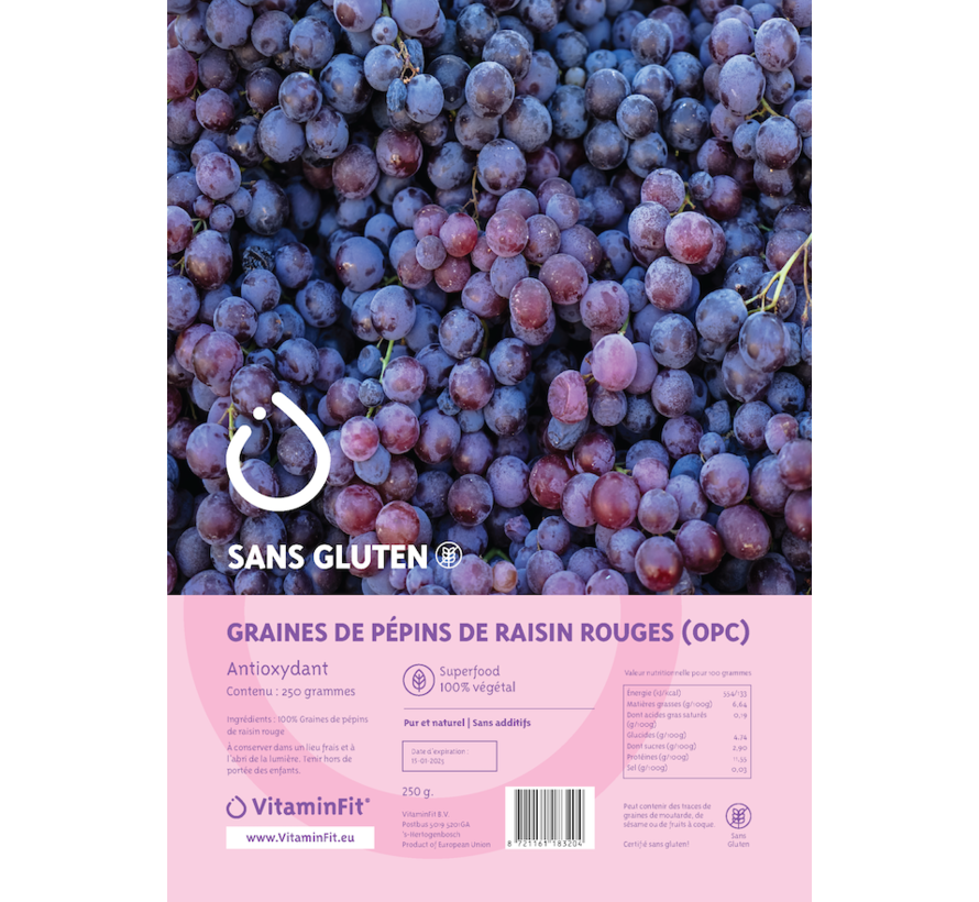 Riches en protéines Poudre de pépins de raisin rouges 250 g